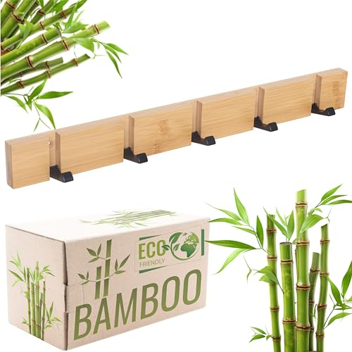 RICOO Garderobenhaken MH023L-N – Wandgarderobe aus Bambus mit klappbarem Kleiderhaken – platzsparende Garderobenleiste mit Hakenleiste zur Wandmontage – modern, stabil & funktional
