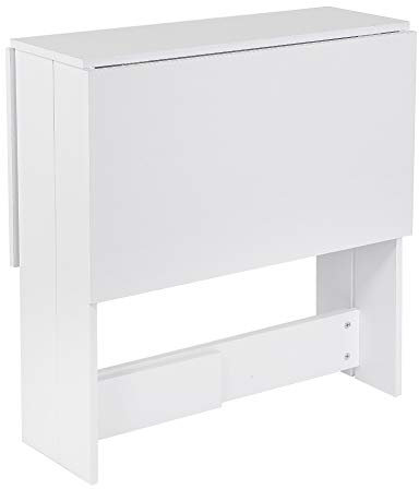 HUOLE Table d'appoint avec Ailes Pliantes, Table à Manger Pliante Mobile sur roulettes avec 2 étagères intégrées -Table Pliante avec 2 Abattants, en Panneaux de Particules Melaminés-Blanc Pur