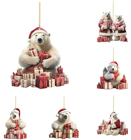 Niedlicher 2D Eisbär Acryl Anhänger Weihnachtsdeko Weihnachtsbaum Deko Christbaumschmuck Weihnachtsschmuck Geschenk Funny Eisbär Auto Anhänger (b-A-6pcs, One Size)