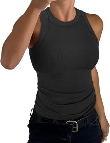 ELFIN Damen Ärmellos Racerback High Neck Tank Top Rundhals Gerippt Slim Fit Basic Shirt Sexy Obertiele Sommer Weste Ribbed Tops (S, Schwarz)