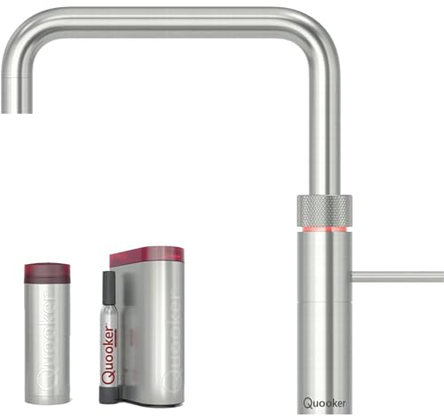 Quooker Wasserhahn Fusion Square Voll Edelstahl & PRO3 Reservoire für kochendes Wasser Heißwasser & Cube für gekühltes sprudelndes Wasser Sprudelwasser mit BieTal® Keramiktasse 355 ml