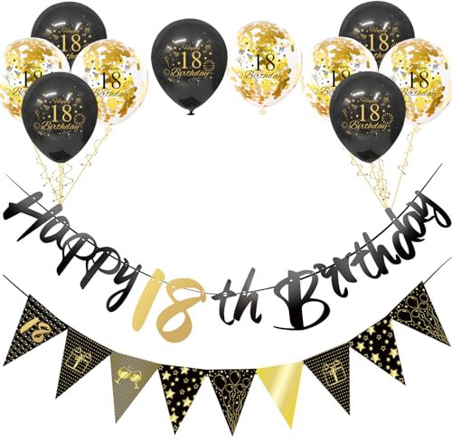 Black Gold 18th Birthday Decorations Kit - 12pcs, Happy 18th Bunting Banner, Triangle Flag, Balloons for Him & Her