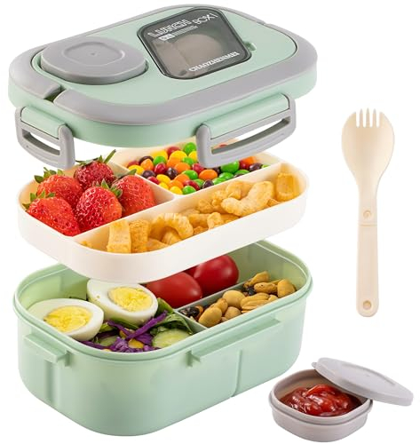 HNNJCK Bento Lunchbox mit Fächern, 2 Lagige Brotbox Vesperbox Brotdose Auslaufsicher Erwachsene, Salatbox To Go Brotzeitbox Snackbox Frühstücksbox Jausenbox Butterbrotdose Schule(Grün)