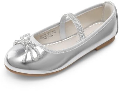 DREAM PAIRS Girls Ballet Flats Slip-on Flower Bow Kids Party Shoes,Size 3 Big Kid,Silver,SDFL2409K