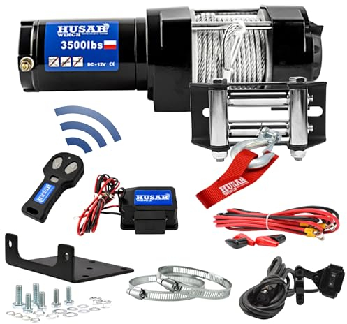 Husar Winch Elektrische Seilwinde 12V, 3500 lbs 1587 kg, Drahtseil 12 Meter lang, sehr stark,kabellose Steuerung, Planetengetriebe, automatische Bremse, Montagesatz - ideal für Quads und ATV/UTV