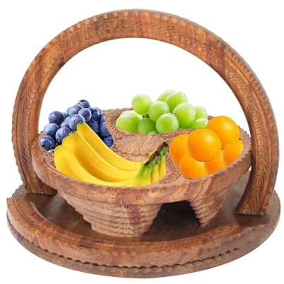 Handmade Wood Carving Fruit Plate | 4-Partitions Decorative Wooden Collapsible Fruit Basket | Wooden Fruit Bowl for Candy, Fruit, Nuts