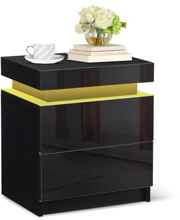 CLIPOP Nachttisch Hochglanz, LED, Farben einstellbar, 35×45×52 cm | Schwarz, mit Schubladen & Staufach, Beistelltisch, Sofatisch, für Wohnzimmer & Schlafzimmer, modernes Design, vielseitig