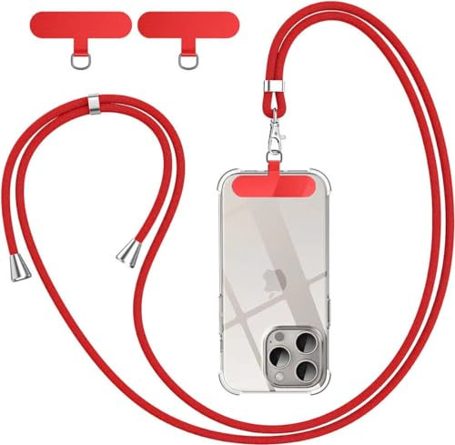 BGHHEU Cordon Téléphone Portable,avec 3 Patchs,Longueur Réglable Cordon Collier Compatible avec la Plupart des Coques pour Smartphone,Rouge