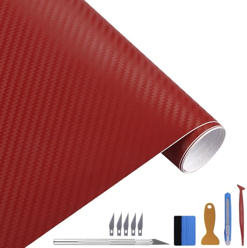 Carbon Autofolie Matt rot Mit Einbauwerkzeug, 30 x 300 cm Selbstklebend 3D Car Wrapping Blasenfrei Vinyl Folie, Carbonfolie Lackschutzfolien für Auto Motorrad DIY