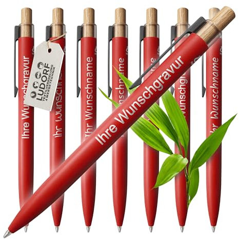 #teamludorf - 100x Aluminium Kugelschreiber mit Lasergravur - Metallclip, Bambusdrücker, blau schreibend - personalisiertes Werbegeschenk, Farbe:Rot, Menge:100 Stück