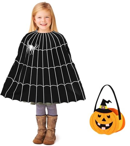 NebulaGlam Halloween Kostüm Kinder, Spiderweb Poncho Halloween Karneval Fancy Dress Accessory, Halloween Fledermaus Umhang mit Kürbisbeutel