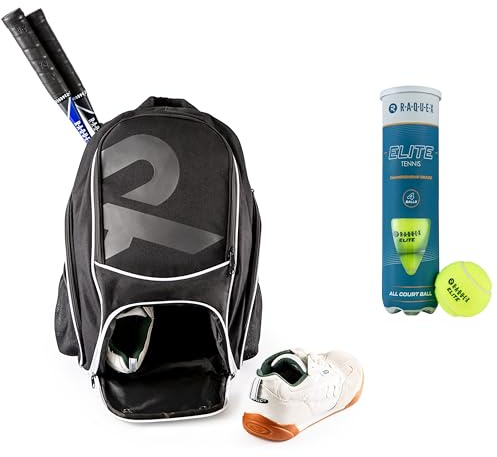 Raquex Racket Sports Backpack - for 1 Tennis Racquet or 2 Squash or Badminton Racquets. Rucksack for Rackets + Shoes + Laptop + Water Bottle (+ 4 Tennis Balls)