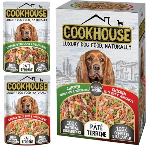 COOKHOUSE 100% Natural & Complete Luxury Wet Dog Food - 36 x 100g Pouches - Chicken with Lamb & Vegetables/Chicken with Beef & Vegetables - Pate Terrine