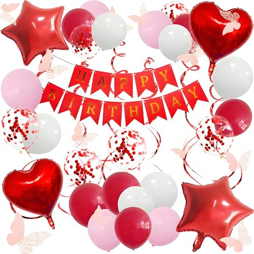 UOMYLEIR Red Birthday Decorations, Happy Birthday Banner, Glitter Hanging Star and Heart Balloons, Red Bunting Banner Butterfly Party Decoration for Girls and Women