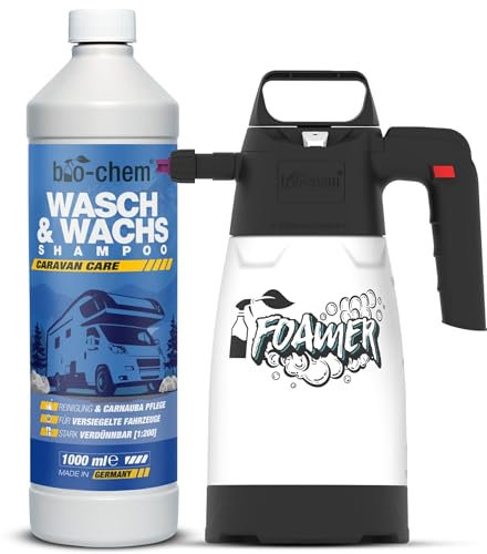 bio-chem Caravan Wasch & Wachs Shampoo 1L Konzentrat inklusive Waschhandschuh - speziell entwickelt für versiegelte Oberflächen - Wohnwagen Reiniger außen mit Carnaubawachs - Caravan Reiniger