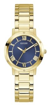 GUESS Damen Armbanduhr GW0404L4 Dawn 34 mm, Edelstahl Gold, blaues Zifferblatt mit Zirkonia, Quarz, Mineralglas gehärtet, 1 ATM, Gliederarmband