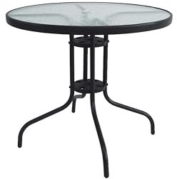 HERSIG - Mesa de Jardin Redonda de Acero y Vidrio Templado - Mesa Exterior Color Negro 80x70 CM - Mesas de Terraza y Jardín Redondas Resistentes - Mesas para Verano Exterior con Cristal Texturizado