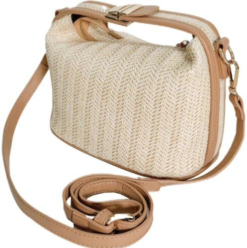 Gcroet Straw Crossbody Bags for Women Woven Straw Handbag Stylish Top Handle Straw Purse with Adjustable & Detachable Shoulder Strap Zipper Closure Straw Bag for Summer Beach Vacation.