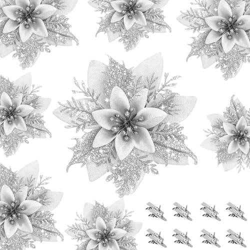 Filltown Christmas Silver Glitter Poinsettia,16pcs Xmas Silver Flowers with Clips, Glitter Artificial Poinsettia Flowers Xmas Tree Decorations for Wedding Christmas Wreath Home Party Decor