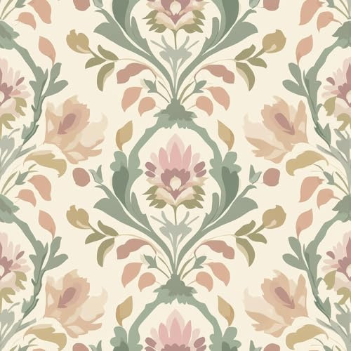 FunStick 44.5CMx9M Self Adhesive Wallpaper Vintage Floral Green and Pink Sticky Back Plastic Roll Patterned Vinyl Wrap for Furniture Kitchen Cupboards Floral Beige Damask Flower Wallpaper for Bedroom