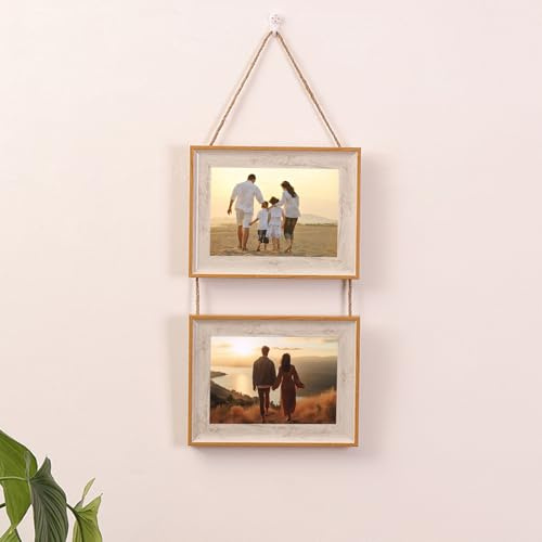 Musihy Bilderrahmen Foto 10x15, Rechteck Wand Bilderrahmen Moderner Fotorahmen, 2 Foto, das an der Wand hängt, Horizontal, Weißes Holz