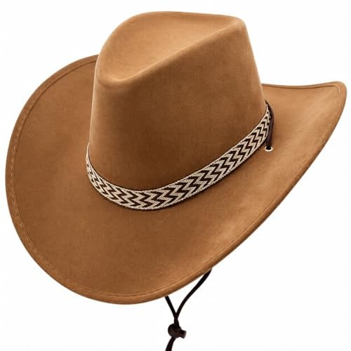 Brown Cowboy Hat for Men & Women – Western Rodeo Hat with Chin Cord for Festivals, Country Music & Fancy Dress Costumes