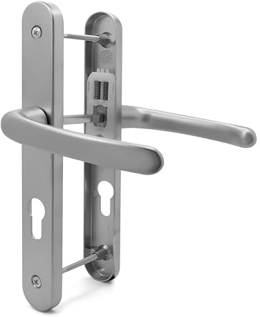 TSS UPVC Door Handle Set, 70mm PZ (Centres), with 7mm Spindle, Lever/Lever, Screw to Screw 200mm with Backplate 250mm x 34mm - Replacement PVC Door Handle (Silver)