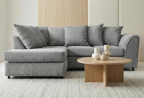Abakus Direct | Jumbo Grid Corner Sofa – Modern Corner Sofa with Grid‑Textured Fabric, Angular Arms and Scatter Cushions – Available in Grey, Beige or Green (Grey, Left Hand Facing)