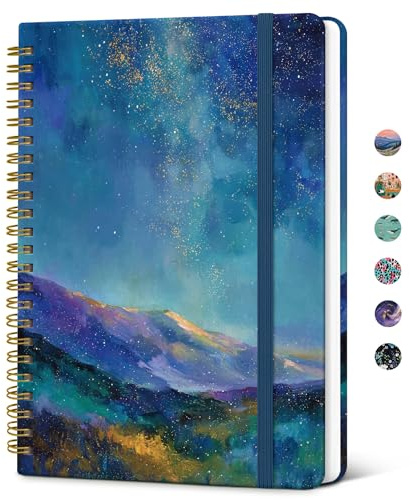Taja Diario estético para mujer, cuaderno en espiral de tapa dura A5, diario rayado universitario para escribir y tomar notas, 140 páginas, picos iluminados por estrellas