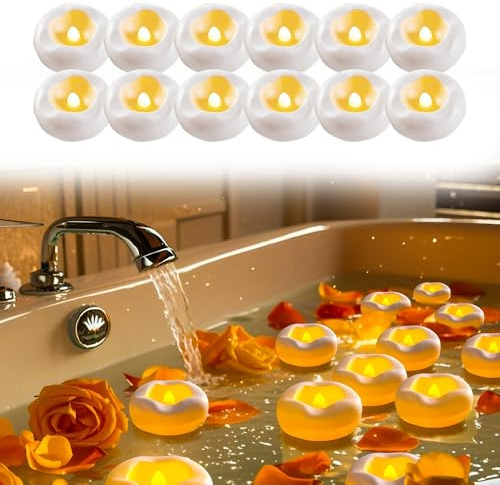 DAJASD Lot de 12 Bougies LED Flottantes, Bougies Flottantes LED, Bougies Flottantes à LED étanches sans flamme pour Centres de Table, Baignoire, Piscine, Fontaine (5.8 x 2.5 cm) (Blanc Chaud)