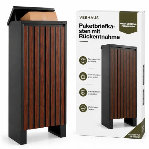VEEHAUS Paketbriefkasten freistehend, wetterfest, 43 L, Braun | Rückseitige Entnahme für mehr Sicherheit, Abschließbar mit Schlüssel, Für A4/C4 & Pakete bis 30×30 cm, Stoßdämpfender Boden