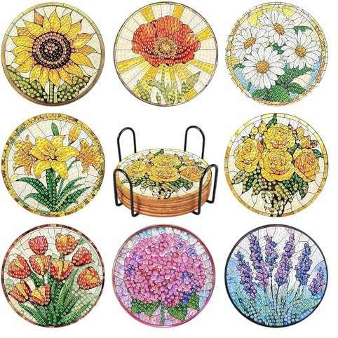 Junhonze 8 PièCes Dessous De Verre Diamond Painting - sous Verres Fleurs | Diamond Painting Adulte, Peuvent êTre UtiliséEs Pour Les Tasses, Les Verres à Vin Et Les Vases