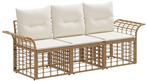 vidaXL Outdoor-Sofagarnitur 3 pcs Natürlich und Cremweiß Polyester, Verstellbare Füße, wetterfest, modulares Design, Bequeme Sitzmöbel, rustikales Sofa für die Terrasse