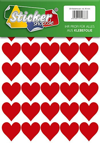 35 Klebeherzen, 40 mm, rot, aus PVC Folie, wetterfest, Herz Sticker Aufkleber