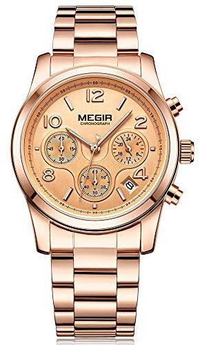 MEGIR Montre Femme Décontracté Analogique Quartz Bracelet en Acier Inoxydable Or Rose Gold Chronographe et Etanche Business Style Casual Luxe Montre