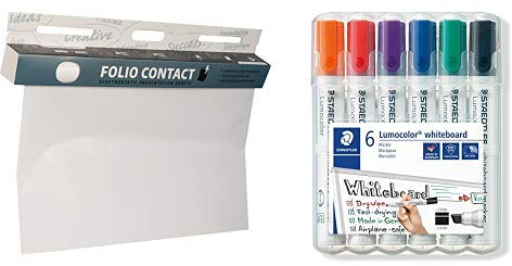 Folio Contact Whiteboard: die patentierte elektrostatische Folie - wiederbeschreibbar & Staedtler Lumocolor 351 B WP6 Whiteboard-Marker, Keilspitze ca. 2 oder 5 mm Linienbreite