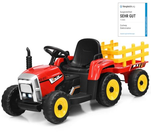 COSTWAY 12V Trattore Elettrico per Bambini 3 Anni+, con Rimorchio (Rosso) | Trattore Cavalcabile con Telecomando Luci e Suoni, Macchina Elettrica per Bambini, Carico 30kg