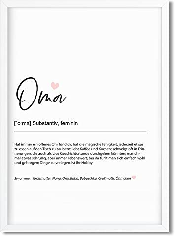 Urhome Kunstdruck Definition Oma mit Bilderrahmen Weiß in DIN A4 - Worterklärung wie im Duden Lexikon Wandbild Wanddeko mit Spruch Holz Rahmen für Wohnung Familie Freunde Geschenk