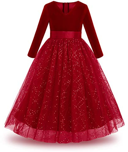 IBAKOM - Vestido para niños, niñas, terciopelo, manga larga, vestido con cuello en V, lentejuelas de tul festival, Navidad, fiesta, cumpleaños, comunión desfile, fiesta formal, vestidos largos, rojo
