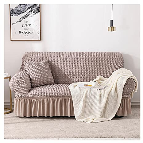 Daesar Überwurf für Sofa Elastisch 235-310, Couch Überzug Eckcouch 3 Sitzer Hell Pink mit Rock Quasten Sofabezug Wasserdicht Polyester