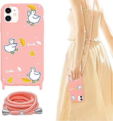 Kawaii Funny Duck Pink Lanyard Case for iPhone XR,Cute Soft Animal Pattern Designed Crossbody Liquid Silicone Phone Case Detachable Strap Neck Necklace Holder Cord Phone Cover Girls Women