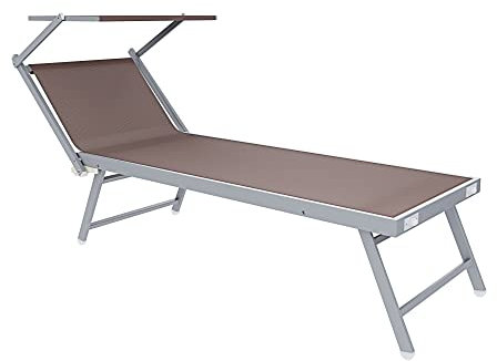 Lettino Prendisole Pieghevole Professionale In Alluminio Tessuto Textilene 720 gr/m² Tettuccio Orientabile Parasole Sdraio Prendi Sole Mare Spiaggia Piscina Giardino 182 x 60 x 38 cm (Tortora)