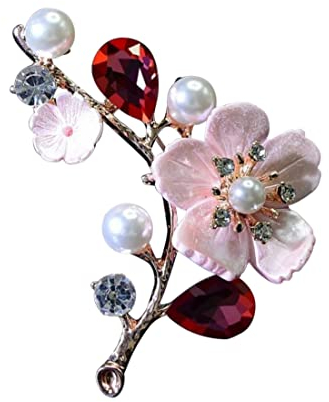 Broche bijou épingle fleur rose, cristal rouge et perles nacrées.