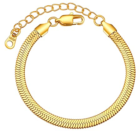 FOCALOOK Flache Gliederarmband für Frauen Männer 16+5cm verstellbare 5mm breit Schlangenkette Armband 18k vergoldet Handgelenk Kette Geburtstag Party Modeschmuck
