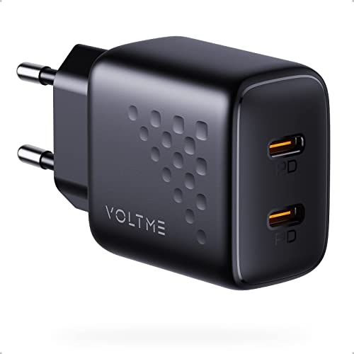 VOLTME Chargeur USB C 20W Noir, Chargeur 2-Port Mural USB-C Double Type C Charge Rapide Secteur PD3.0 PPS Adaptateur Compatible avec iPhone 15/14, Galaxy Note, Xiaomi/Huawei/Pixel