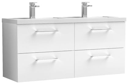 nuie ARN124C Arno Modern Bathroom Wall Hung 4 Drawer Double Vanity Unit with Twin Polymarble Basin, 1200mm, Gloss White