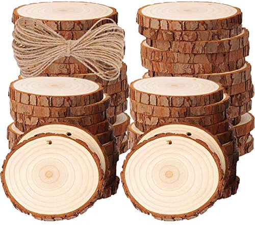 50 Stück Holzscheiben, BetterJonny Rund 4-5cm Holz Log Scheiben Kit mit Loch Unvollendete Holzkreise für DIY, Basteln, Hochzeit, Weihnachten Dekoration