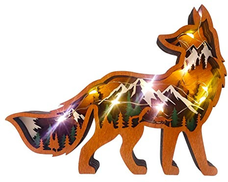 Lampe Décorative LED en Bois, 3D Ornements Animaux Forme de Papillon Renard Rhinocéros Chameau, Veilleuse Décoratif Ajourée Animaux de Forêt, Cordons Lumineux Intégrés pour Cadeau Maison Bureau