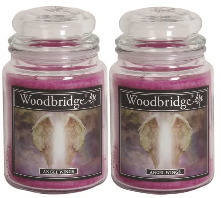 Woodbridge Große Duftkerze im Glas mit Deckel | 2er Duftkerzen Set Angel Wings | Duftkerze Patschuli | Kerzen lange Brenndauer | Raumduft für Zuhause | Kerze 2 Docht