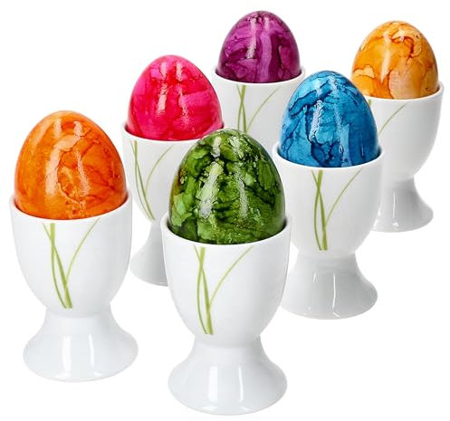 Van Well Bali 6er Set Eierbecher I 6 Personen I grüne Grashalme I weiße Porzellan-Eierhalter, Eierständer, Egg Cup I Oster-Eier, Oster-Frühstück I Becher fürs Frühstücksei I Easter Egg